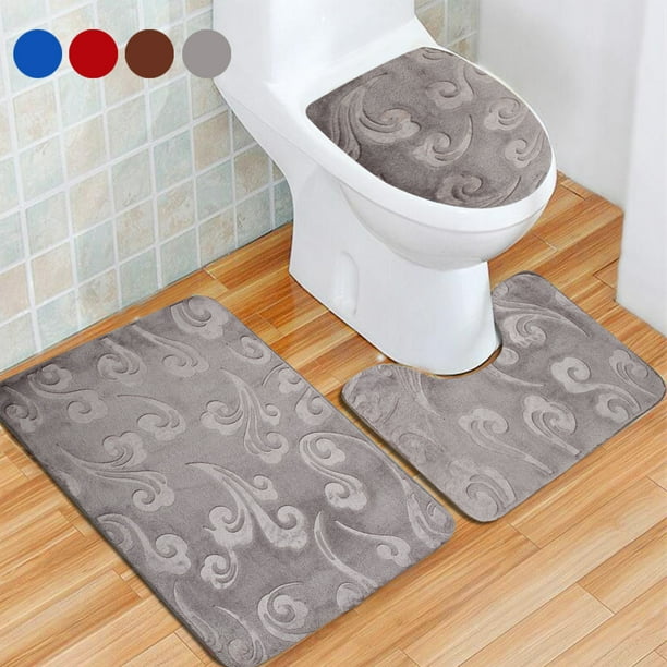3Pcs Absorbent Bathroom Non-Slip Pedestal Rug+Toilet Lid Cover+Bath Mat Carpet
